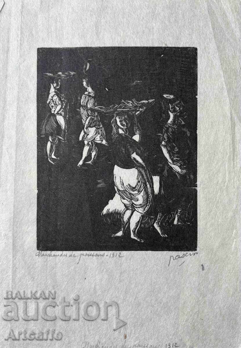Auction Jul Pascin - original graphic woodcut, 1912 Auction Jul Pascin - original graphic woodcut, 1912