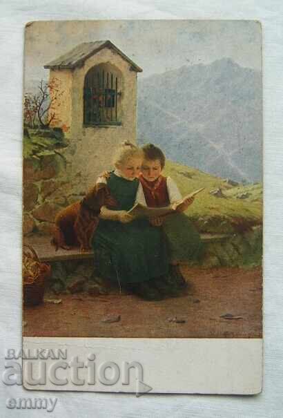 Old postcard - two children and a dog Old postcard - two children and a dog