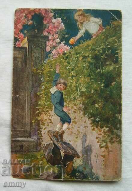 Old postcard 1917 - two children and an apple, Kumanovo to Sofia