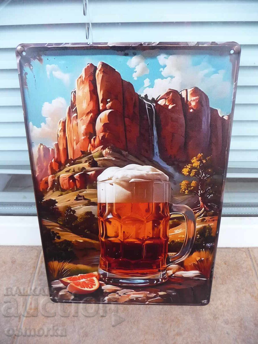 Metal sign: Beer mug, mountain, rocks, waterfall, beauty, portrait