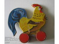 Jucărie veche de lemn pentru copii, cocoș cu roți