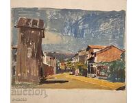 Peter Nenov graphic, monotype Landscape from the town of Rila