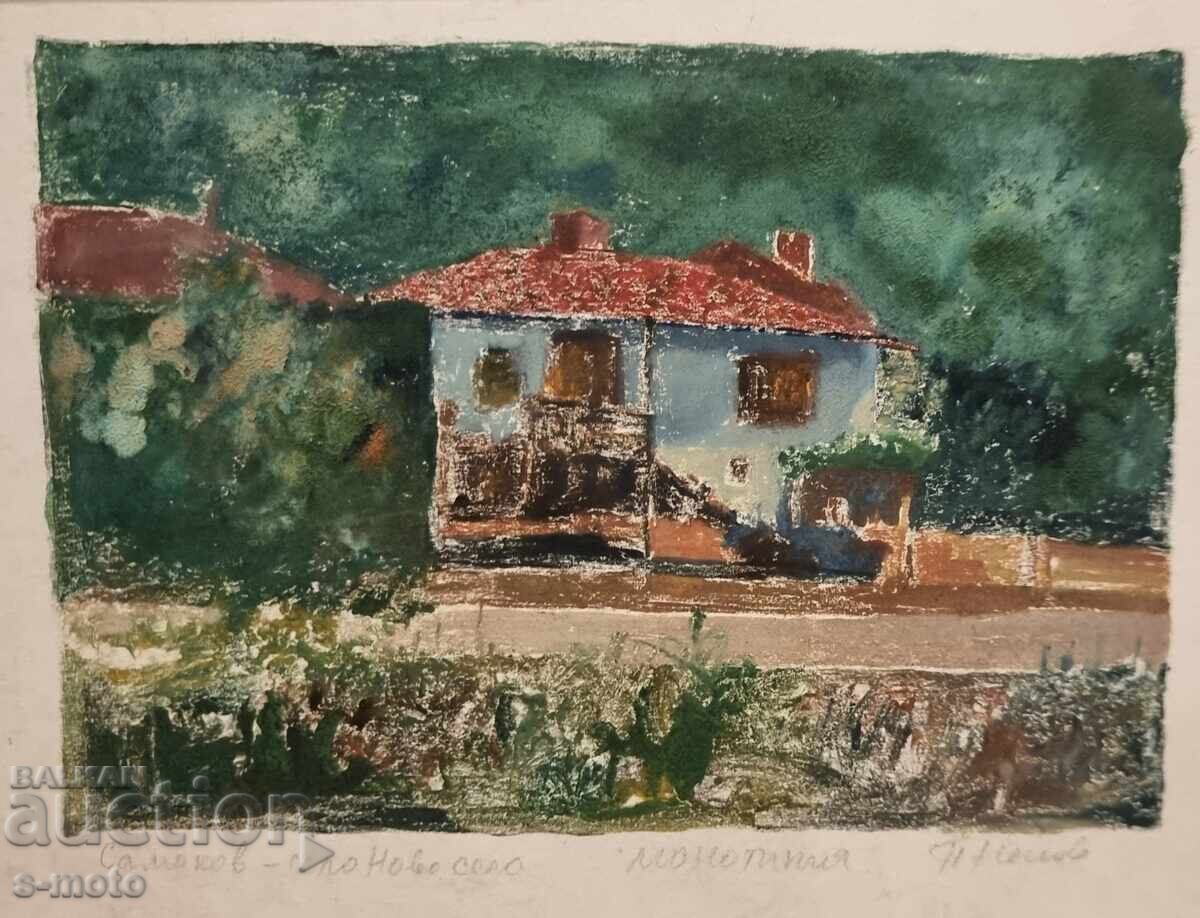 Petăr Nenov grafică, monotipie peisaj din Samokov