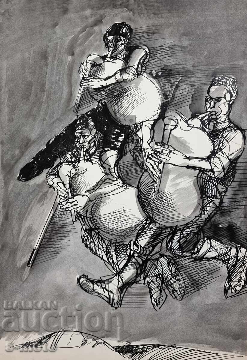 Pictură de tuș Petăr Rashkov, lăutari (găidari) cu preț 320.00 BGN | € 163.61 Pictură de tuș Petăr Rashkov, lăutari (găidari) cu preț 320.00 BGN | € 163.61