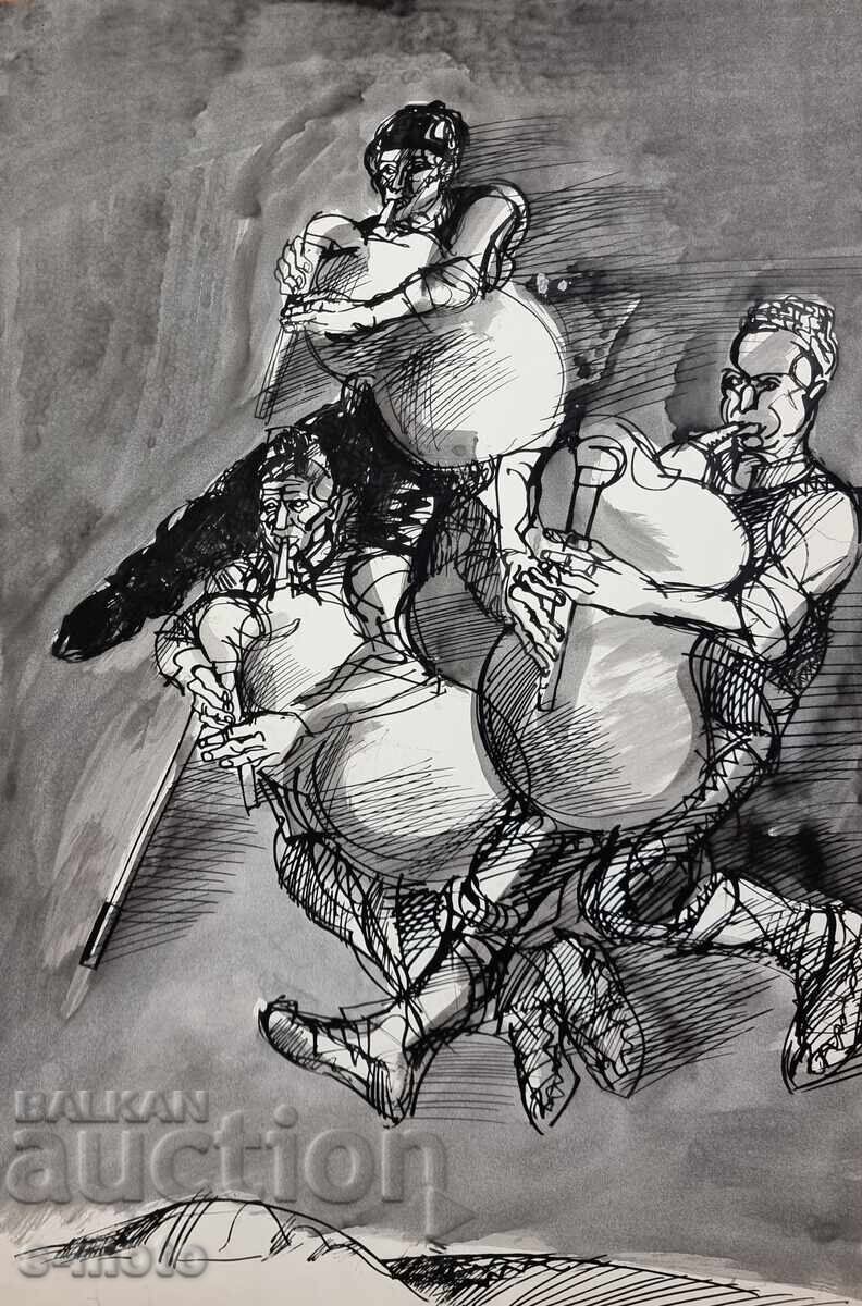 Licitație Pictură de tuș Petăr Rashkov, lăutari (găidari) Licitație Pictură de tuș Petăr Rashkov, lăutari (găidari)