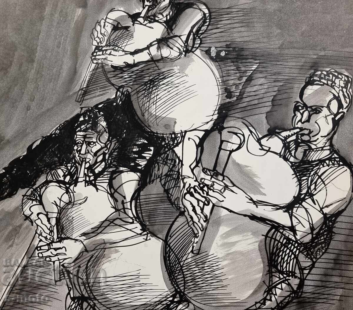 Pictură de tuș Petăr Rashkov, lăutari (găidari) - 5 Pictură de tuș Petăr Rashkov, lăutari (găidari) - 5