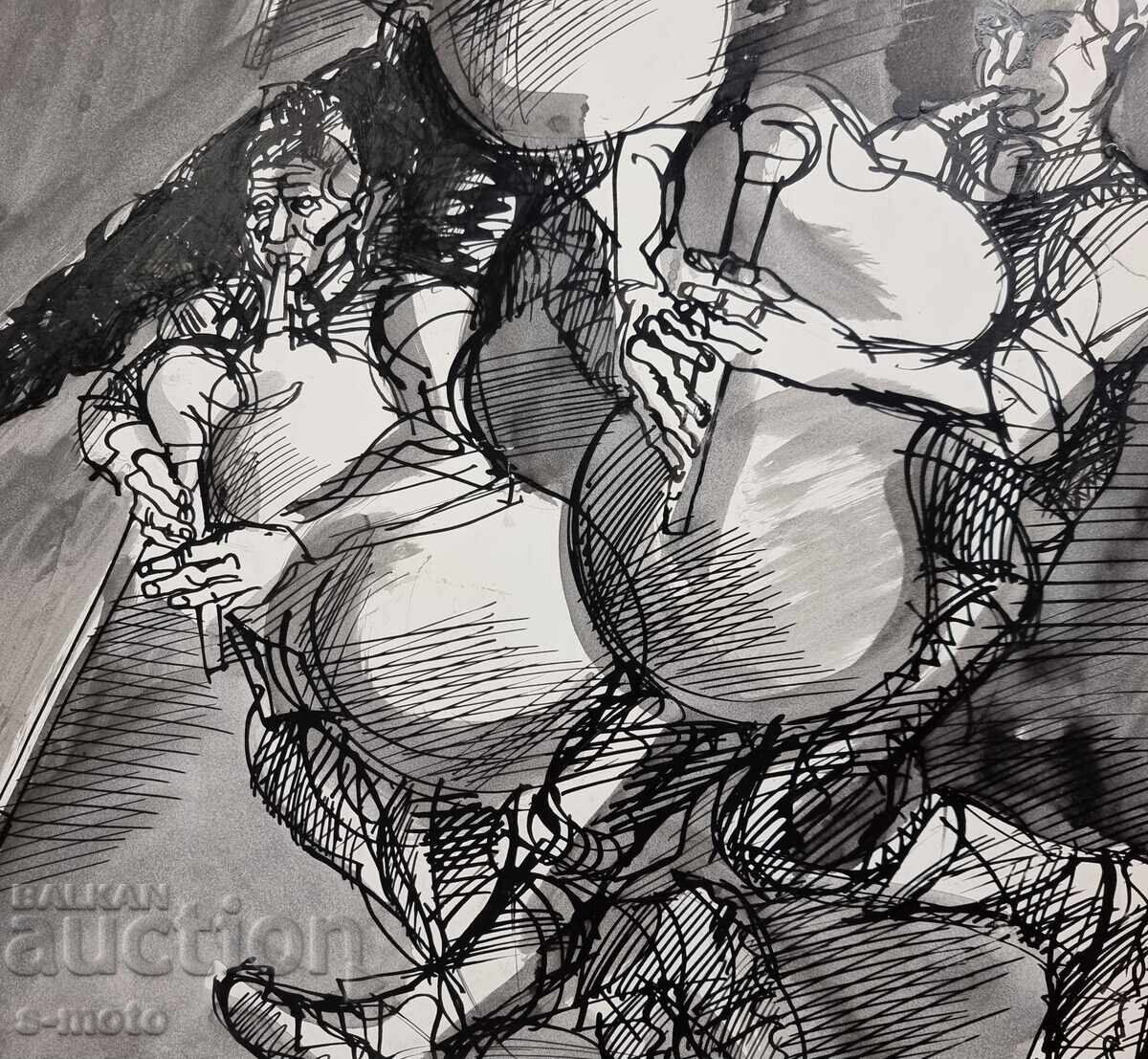 Pictură de tuș Petăr Rashkov, lăutari (găidari) - 6 Pictură de tuș Petăr Rashkov, lăutari (găidari) - 6