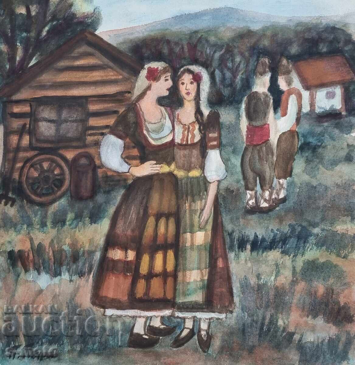 Pictură acuarelă Petăr Petrov Femei în costum popular Pictură acuarelă Petăr Petrov Femei în costum popular