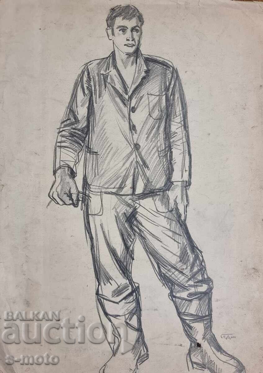Στογιάν Ντόμουςτσιεφ / 1935 - 2021 / Πορτρέτο εργάτη με μολύβι με τιμή 220.00 BGN | € 112.48
