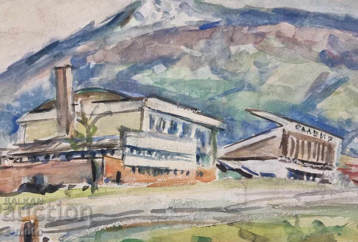 Pictură acuarelă de Stanka Vasileva, stadionul Slavia - 5