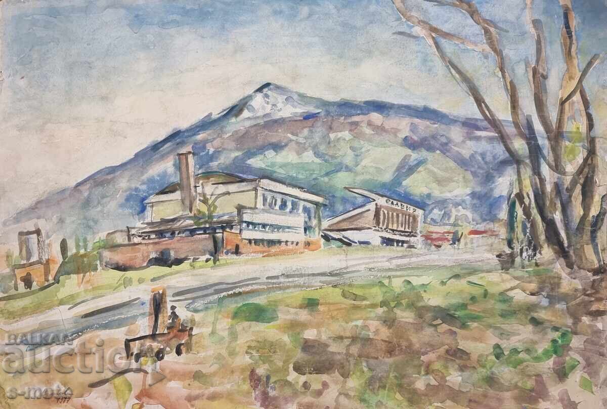 Pictură acuarelă de Stanka Vasileva, stadionul Slavia - 6