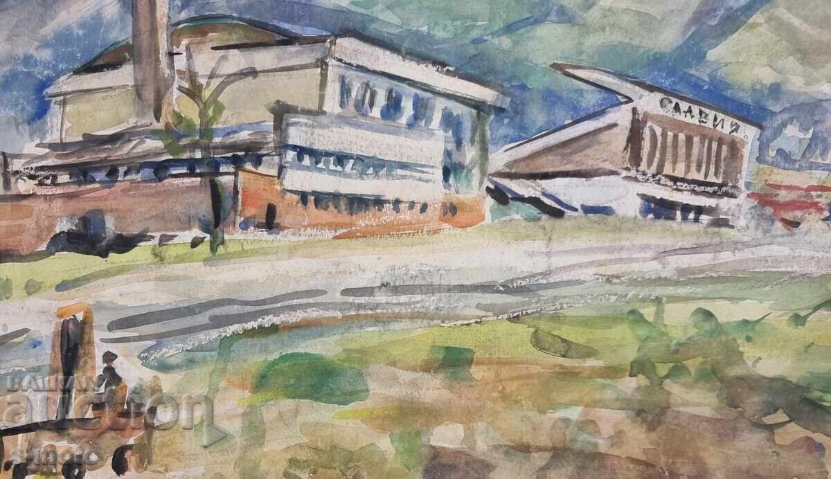 Pictură acuarelă de Stanka Vasileva, stadionul Slavia - 7