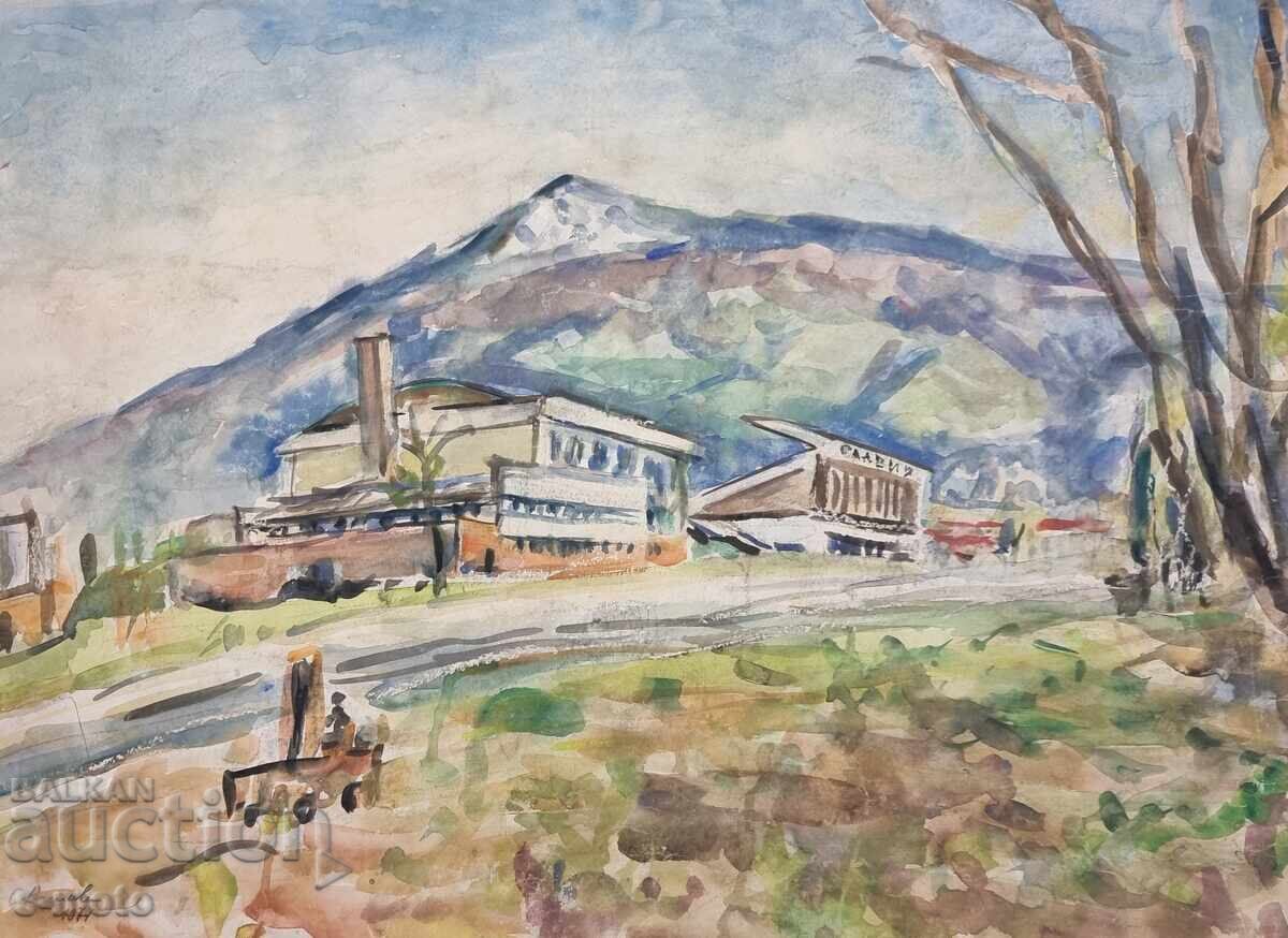 Pictură acuarelă de Stanka Vasileva, stadionul Slavia