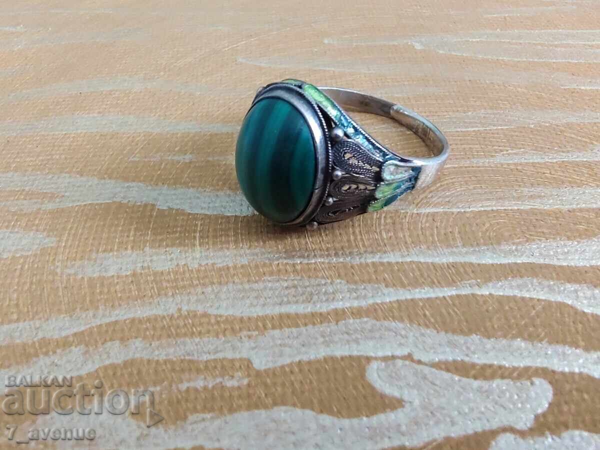 Аукцион Сребърен пръстен с Малахит емайл проба 925, 22.04.2025