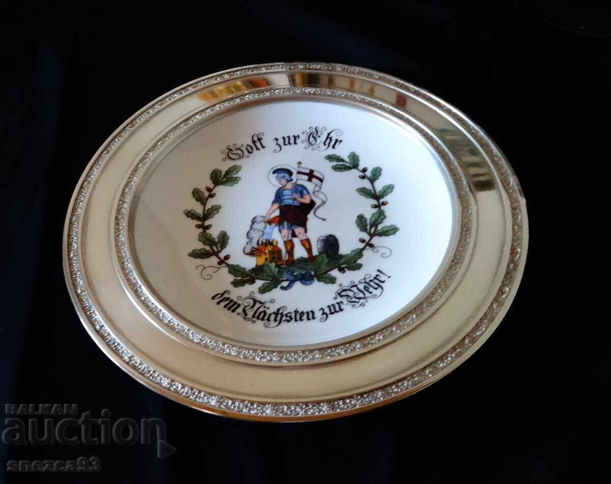 Pewter plate, Bavarian porcelain wall plaque, Knight St. Florian Pewter plate, Bavarian porcelain wall plaque, Knight St. Florian