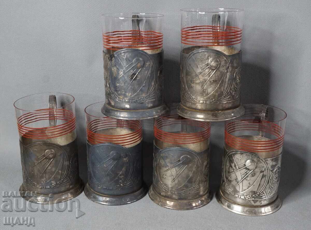 6 Old Russian Saucers with Cups Cosmos Sputnik 6 Old Russian Saucers with Cups Cosmos Sputnik