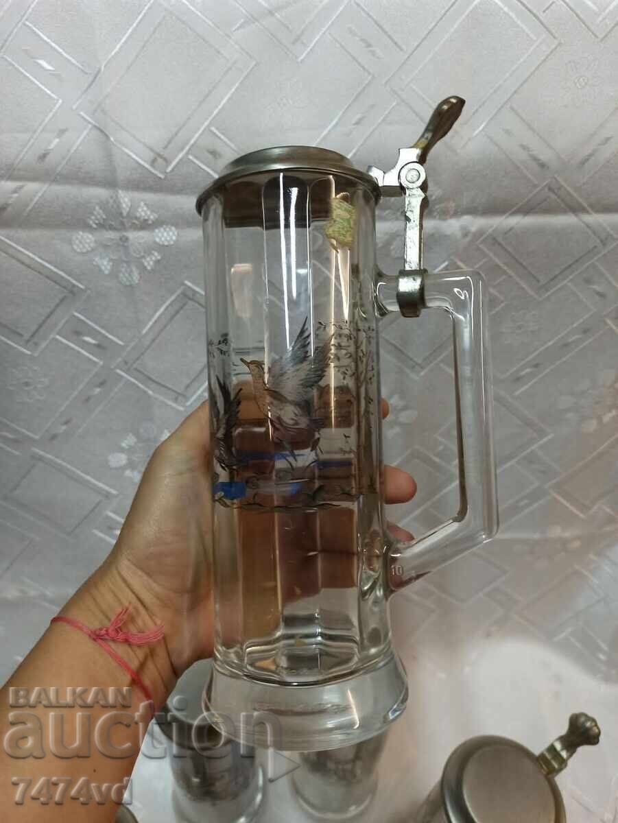 Παράδοση Γερμανικές παλιές γυάλινες, στιβαρές κούπες 5 τεμαχίων με ζώα