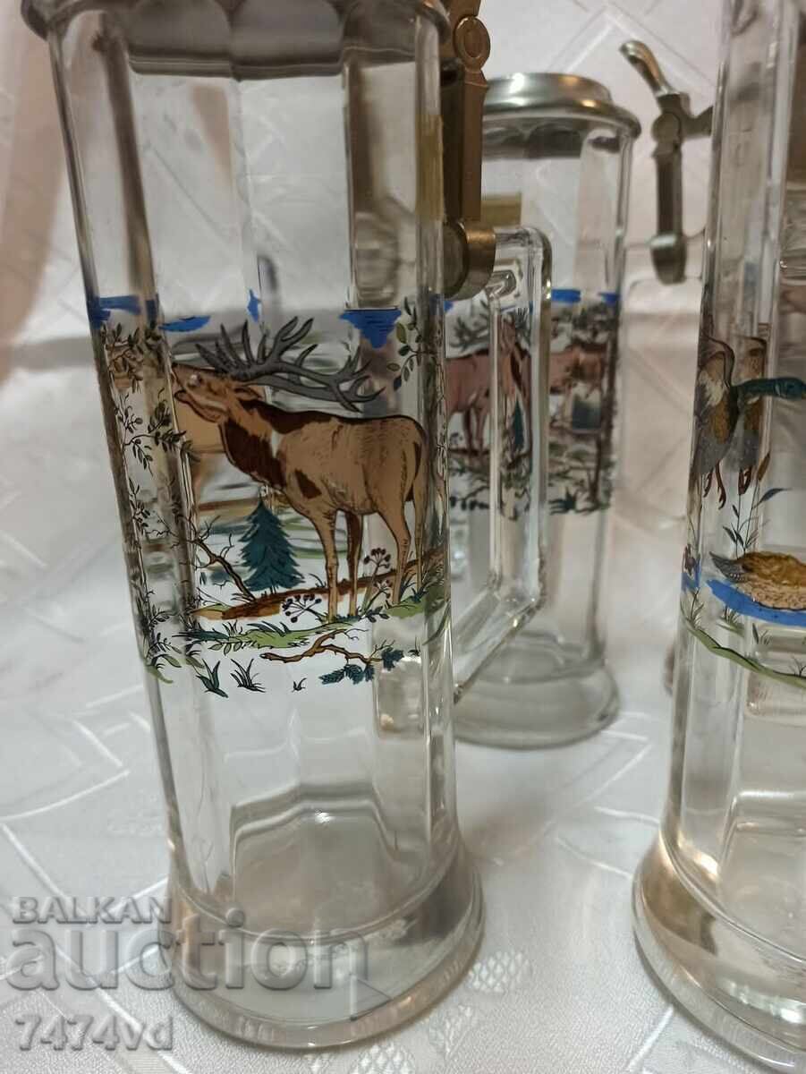 German Old Solid Glass Mugs 5 Pieces with Animals - 5 German Old Solid Glass Mugs 5 Pieces with Animals - 5