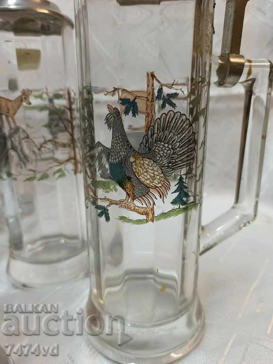 German Old Solid Glass Mugs 5 Pieces with Animals - 6 German Old Solid Glass Mugs 5 Pieces with Animals - 6
