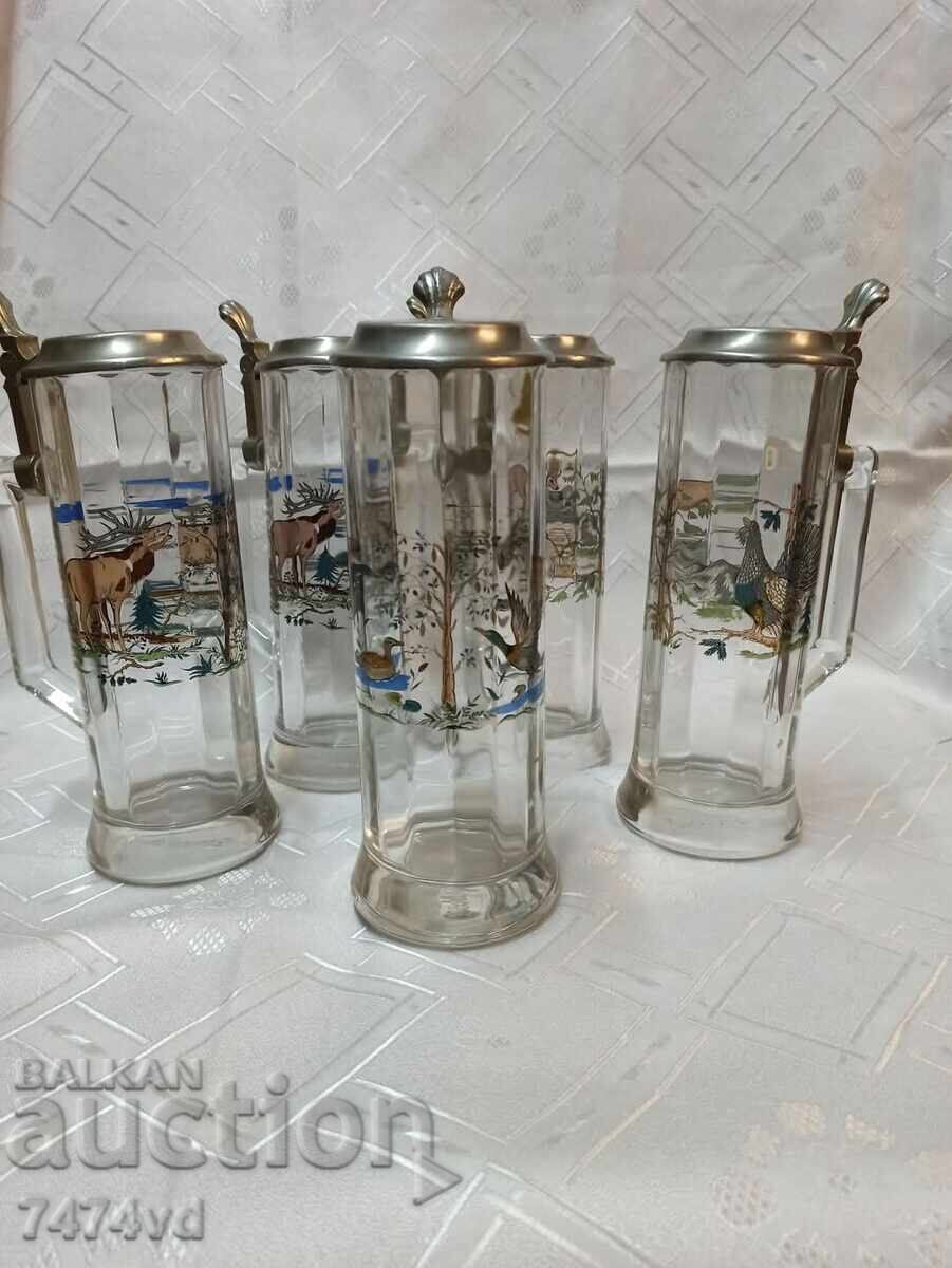 German Old Solid Glass Mugs 5 Pieces with Animals German Old Solid Glass Mugs 5 Pieces with Animals