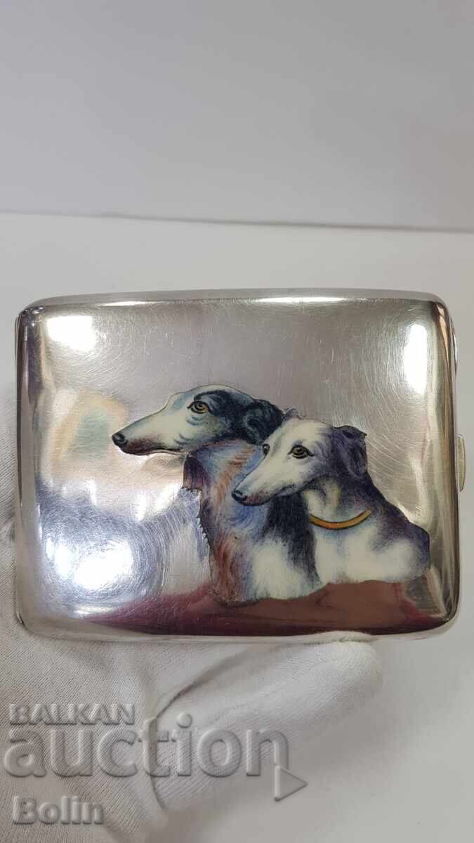 Rare silver snuffbox with painted enamel - dogs - 7 Rare silver snuffbox with painted enamel - dogs - 7