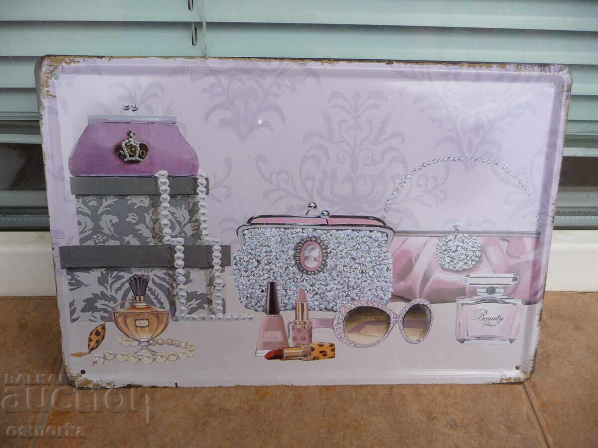 Metal sign fashion jewelry lipstick nail polish sunglasses perfume