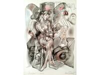 Tablou, "Portret cu cocoș", pict. Olga Paskaleva, 1985