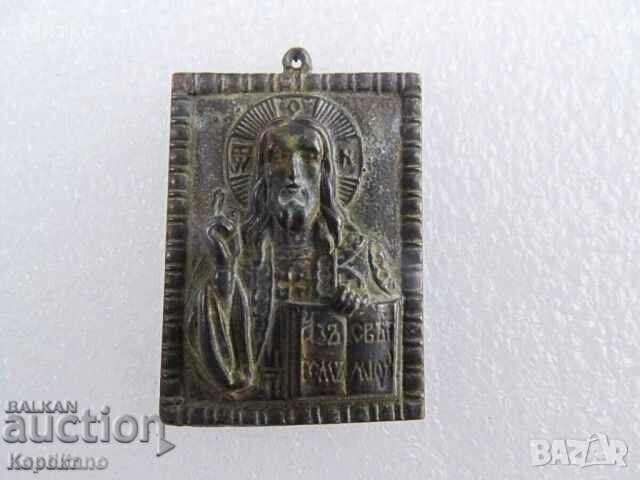 Mica icoană veche de bronz a lui Iisus Hristos - Pantocrator - 6