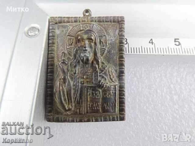 Mica icoană veche de bronz a lui Iisus Hristos - Pantocrator - 7