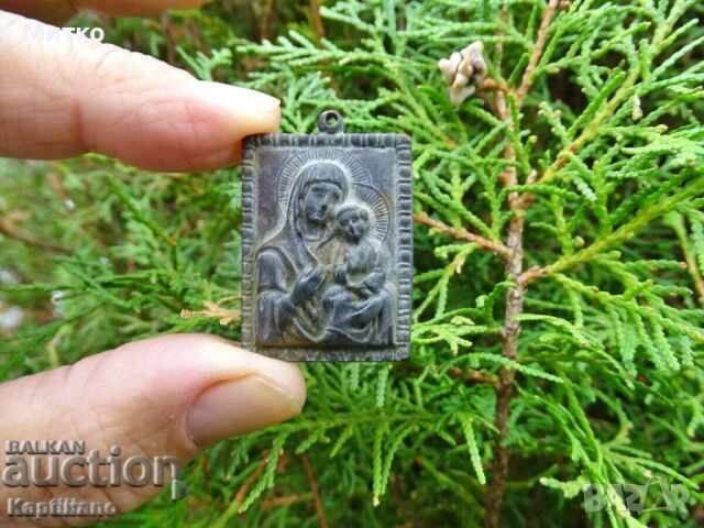 Small old bronze icon of the Holy Mother of God