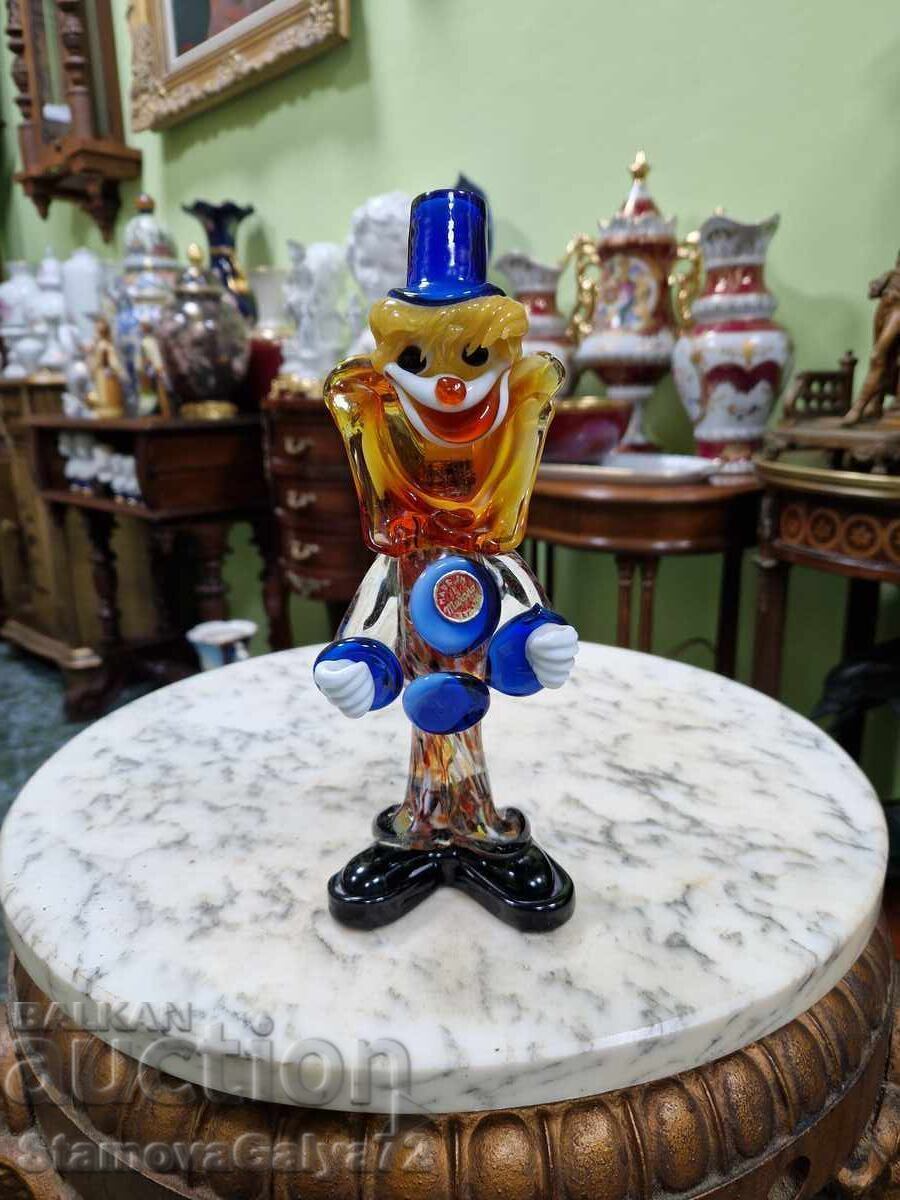 Minunată figurină din sticlă italiană, statuetă clovn Murano
