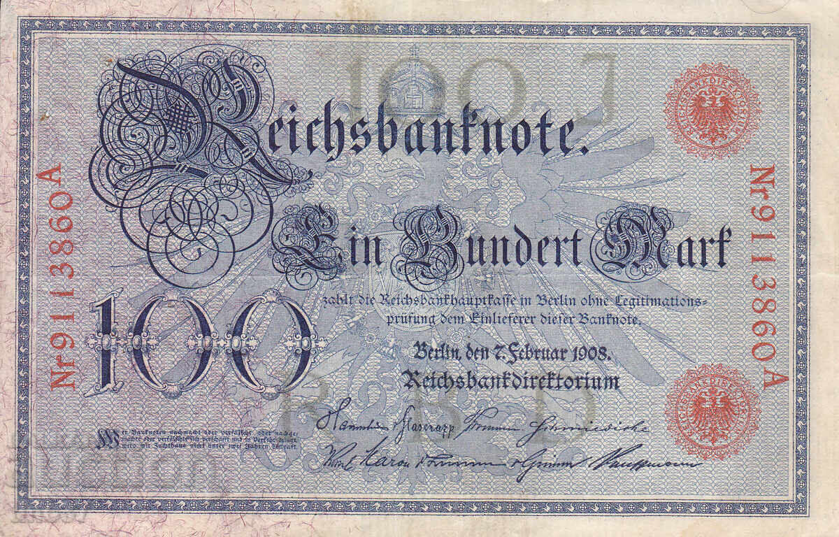 tino37 - GERMANIA - 100 MARKS /ȘTAMPILĂ ROȘIE/ - 1908 - VF cu preț 4.30 BGN | € 2.20