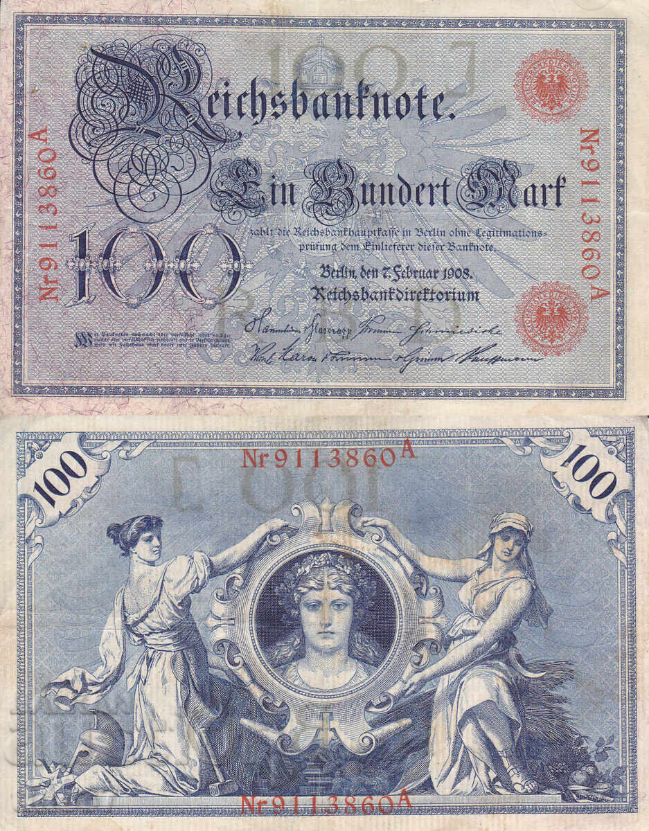 tino37 - GERMANIA - 100 MARKS /ȘTAMPILĂ ROȘIE/ - 1908 - VF