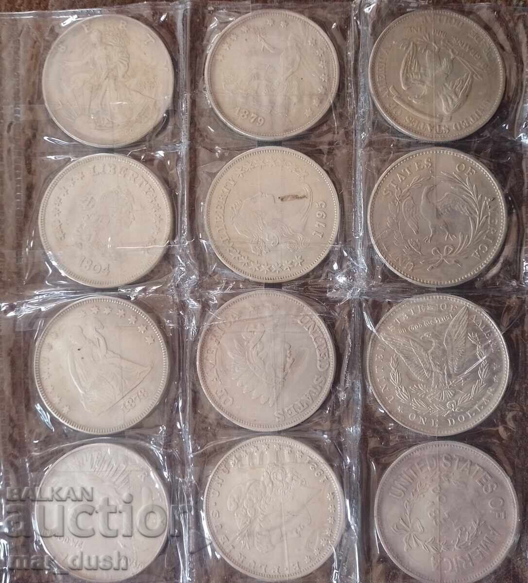 12 monede replici de dolari americani de argint