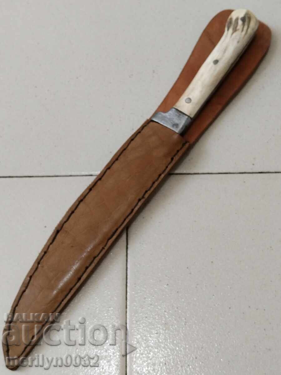 Δημοπρασία Γκαμπρόβσκι κυνηγετικό μαχαίρι με θήκη, λαβή από κέρατο ελαφιού