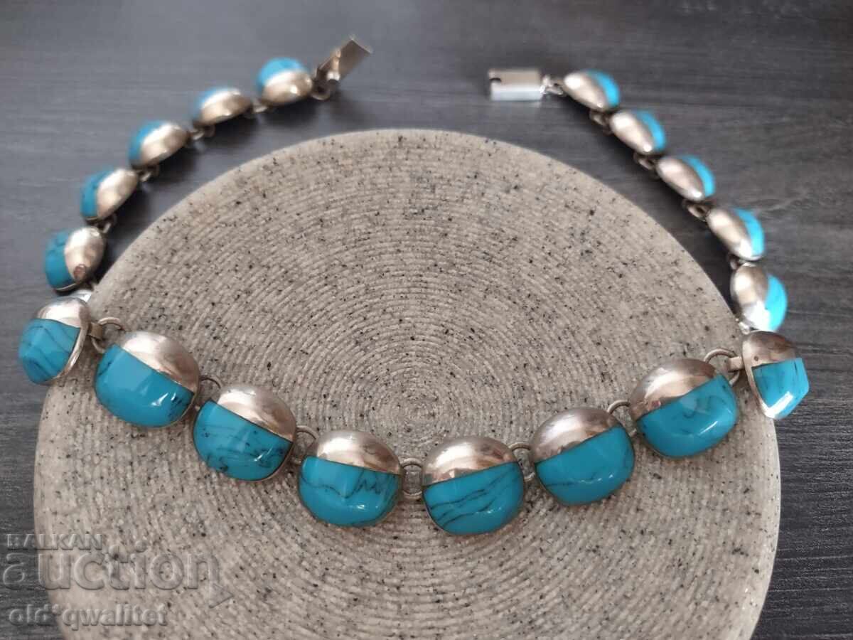 Старо елегантно сребърно колие Мексико с Тюркоаз