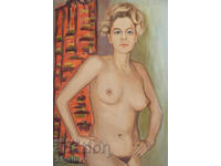 Old oil painting, female portrait, nude body