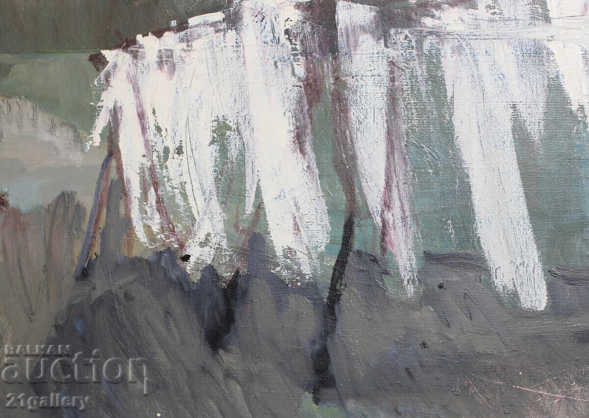 Έργο ζωγραφικής με λάδι, τοπίο, δίχτυα ψαράδων - 7