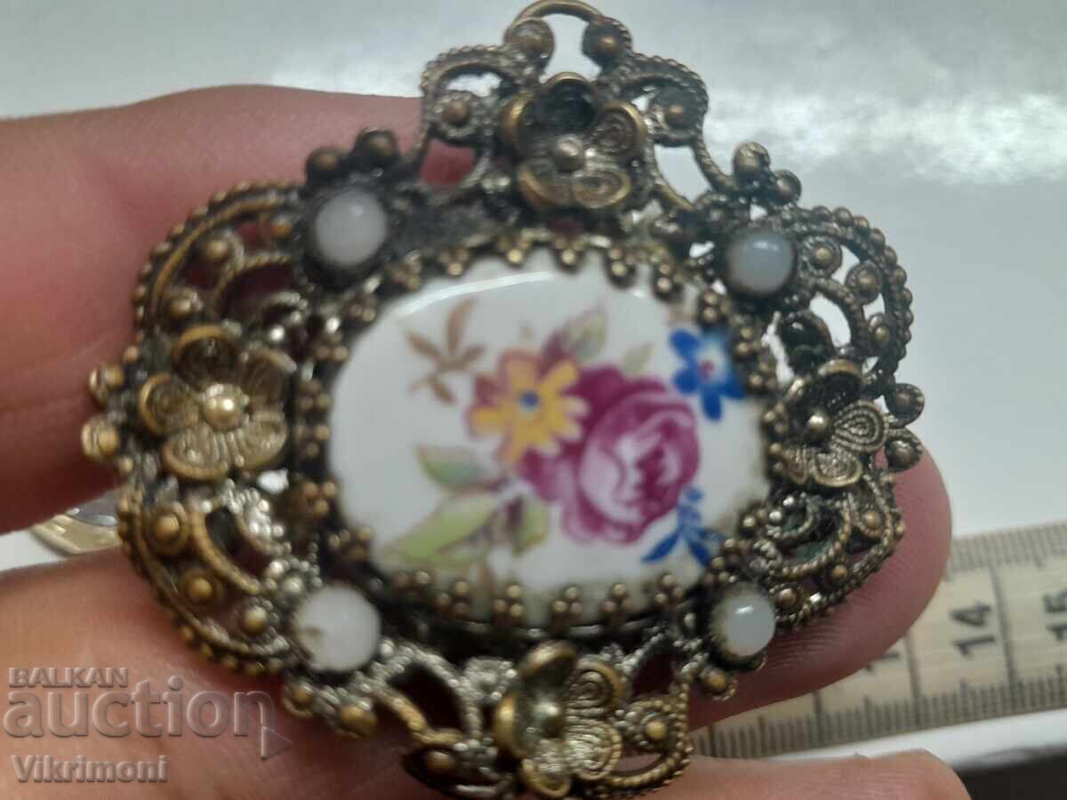 Αρτ Ντεκό καρφίτσα, πορσελάνη, φιλιγκράν, κοκκίδωση, λουλούδια - 6