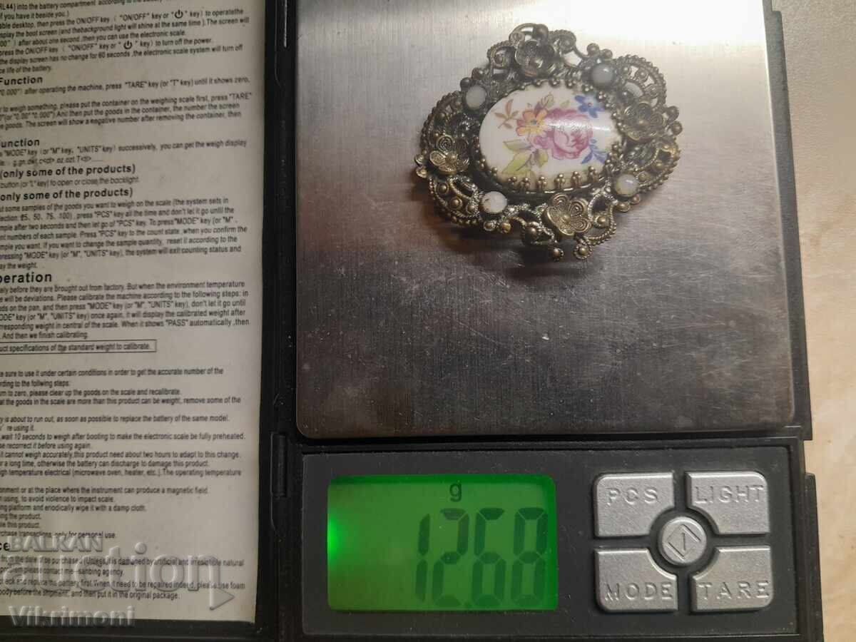 Broșă Art Deco, porțelan, filigran, granulație, flori - 7