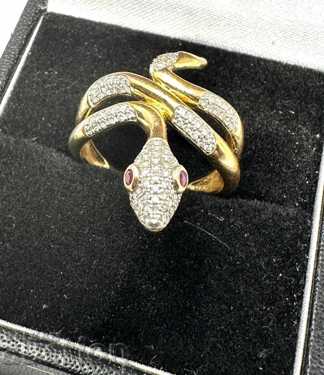 Δαχτυλίδι φίδι σε ασήμι και χρυσό με διαμάντια και μάτια με ρουμπίνια! με τιμή € 510.78 | 999.00 BGN