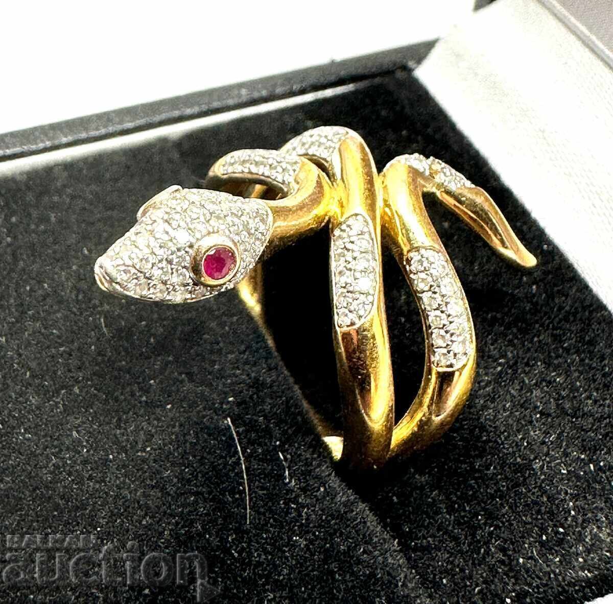 Snake ring in silver and gold with diamonds and ruby eyes! - 5
