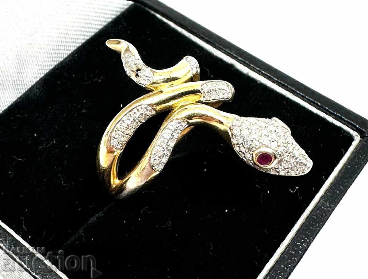 Snake ring in silver and gold with diamonds and ruby eyes! - 6