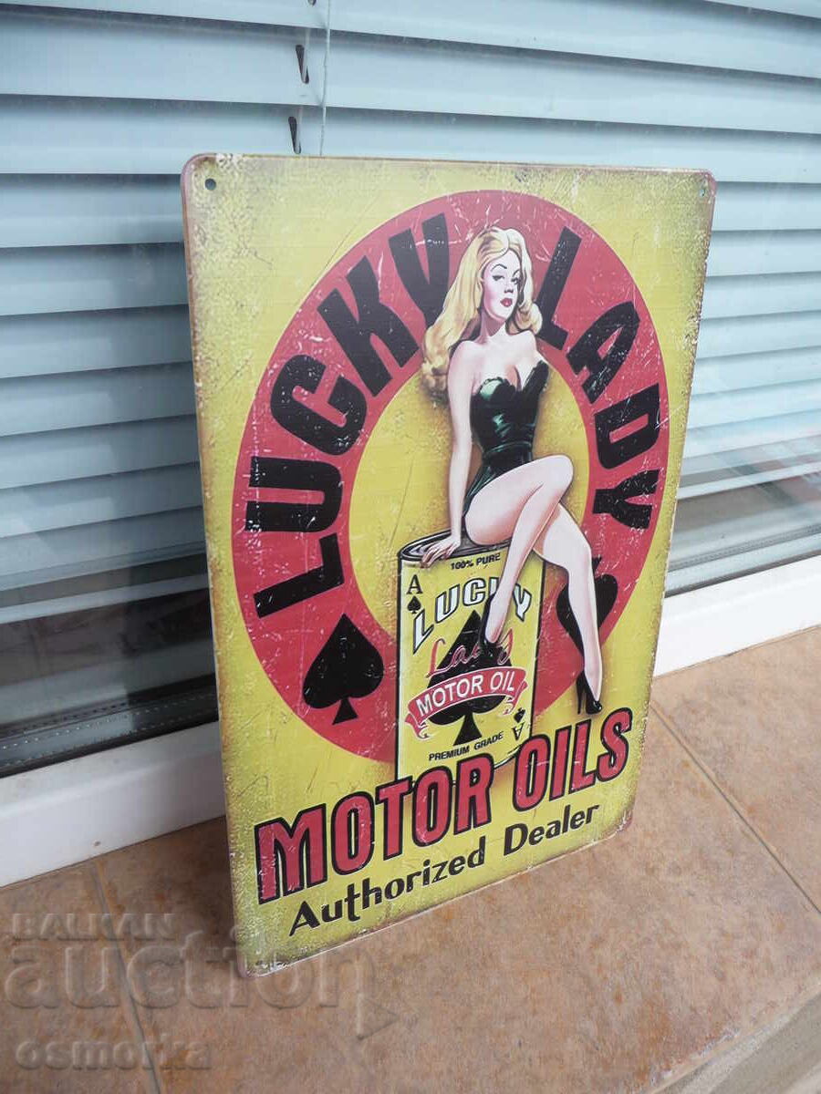 Metal sign Lucky Lady motor oil erotica tub barrel with price 18.00 BGN | € 9.20