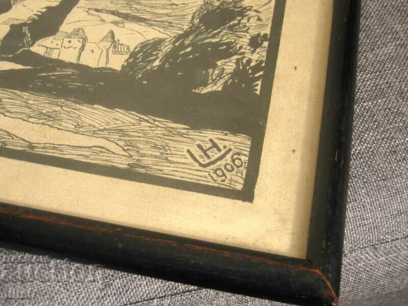 Licitație 1906 Grafică de călăreț, tuș semnată, cu ramă