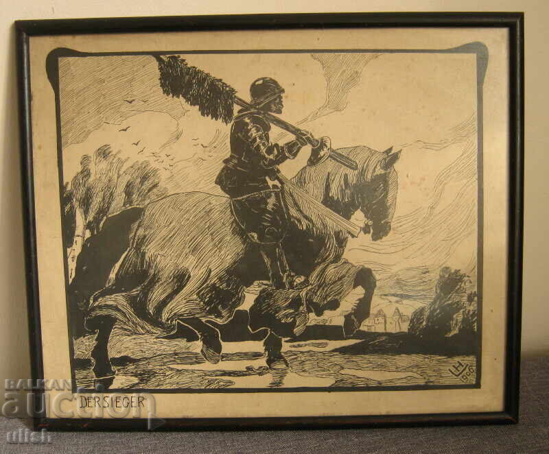 1906 Grafică de călăreț, tuș semnată, cu ramă