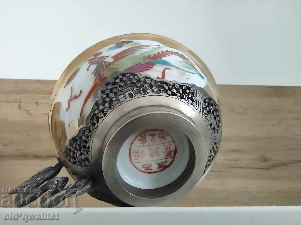 Ceașcă de cafea și ceai argintată, argint și porțelan, ștampile