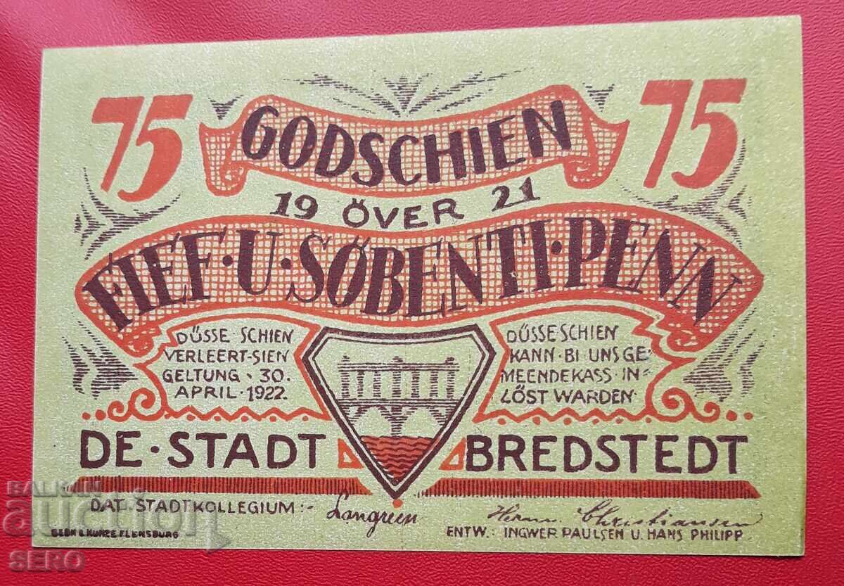 Bancnota-Germania-Schleswig-Holstein-Bredstedt-75 pfennig 1921 cu preț 2.50 BGN | € 1.28