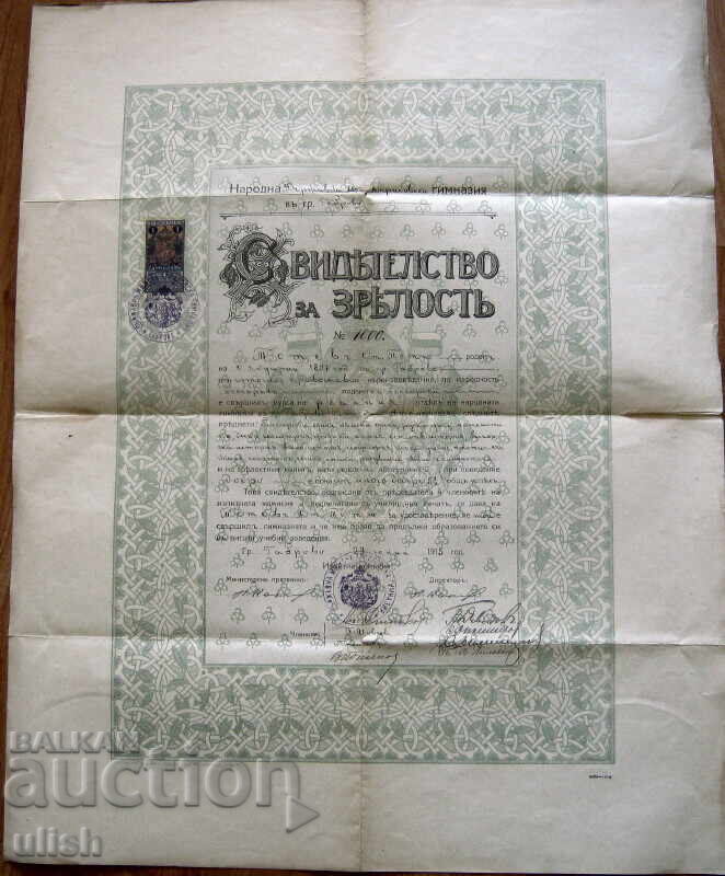 Απολυτήριο Απριλιανού Γυμνασίου Γκαμπρόβο 1915