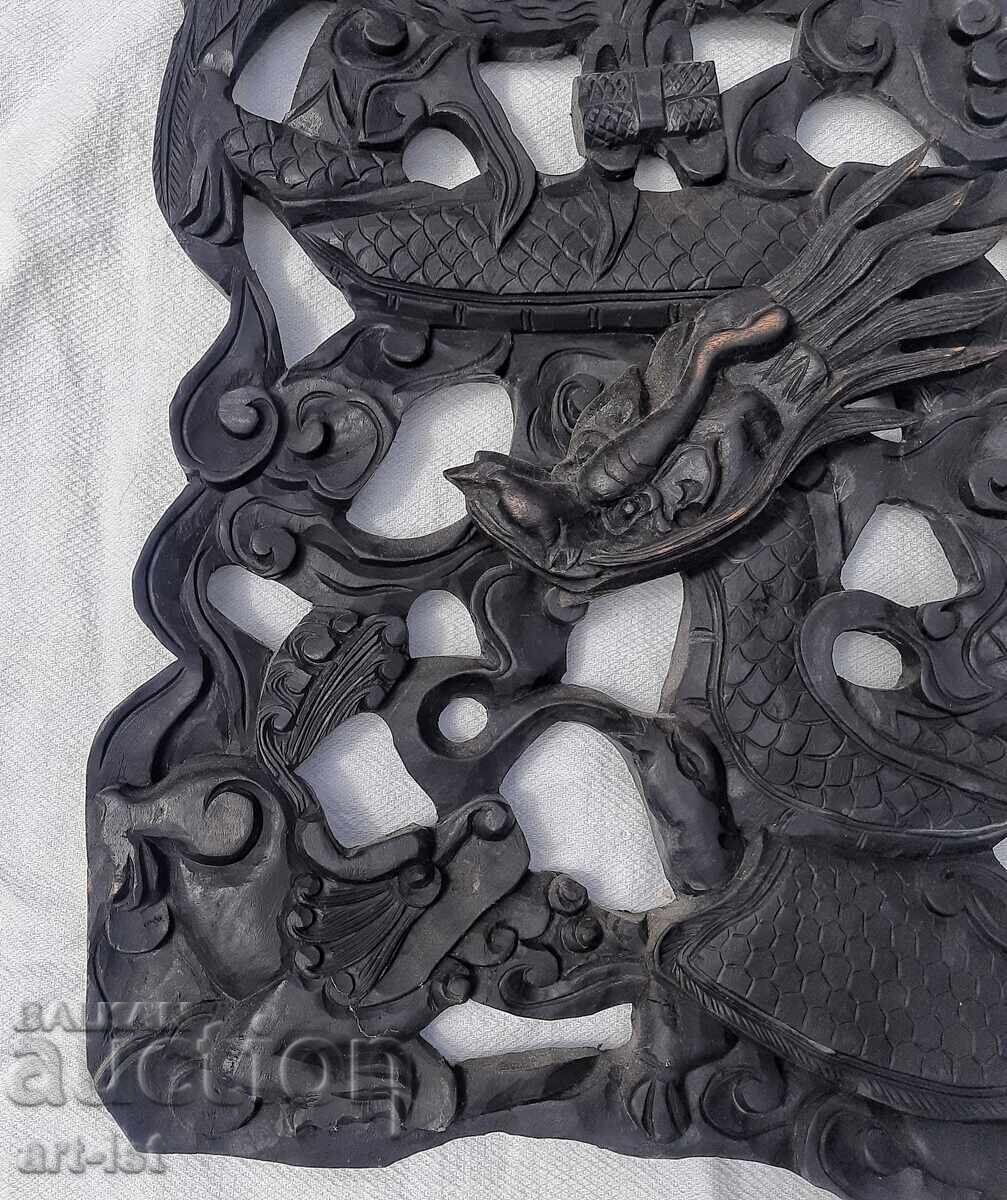 Παράδοση Πολύ όμορφη ξυλόγλυπτη με Κινέζικο δράκο, πουλί Φοίνικα